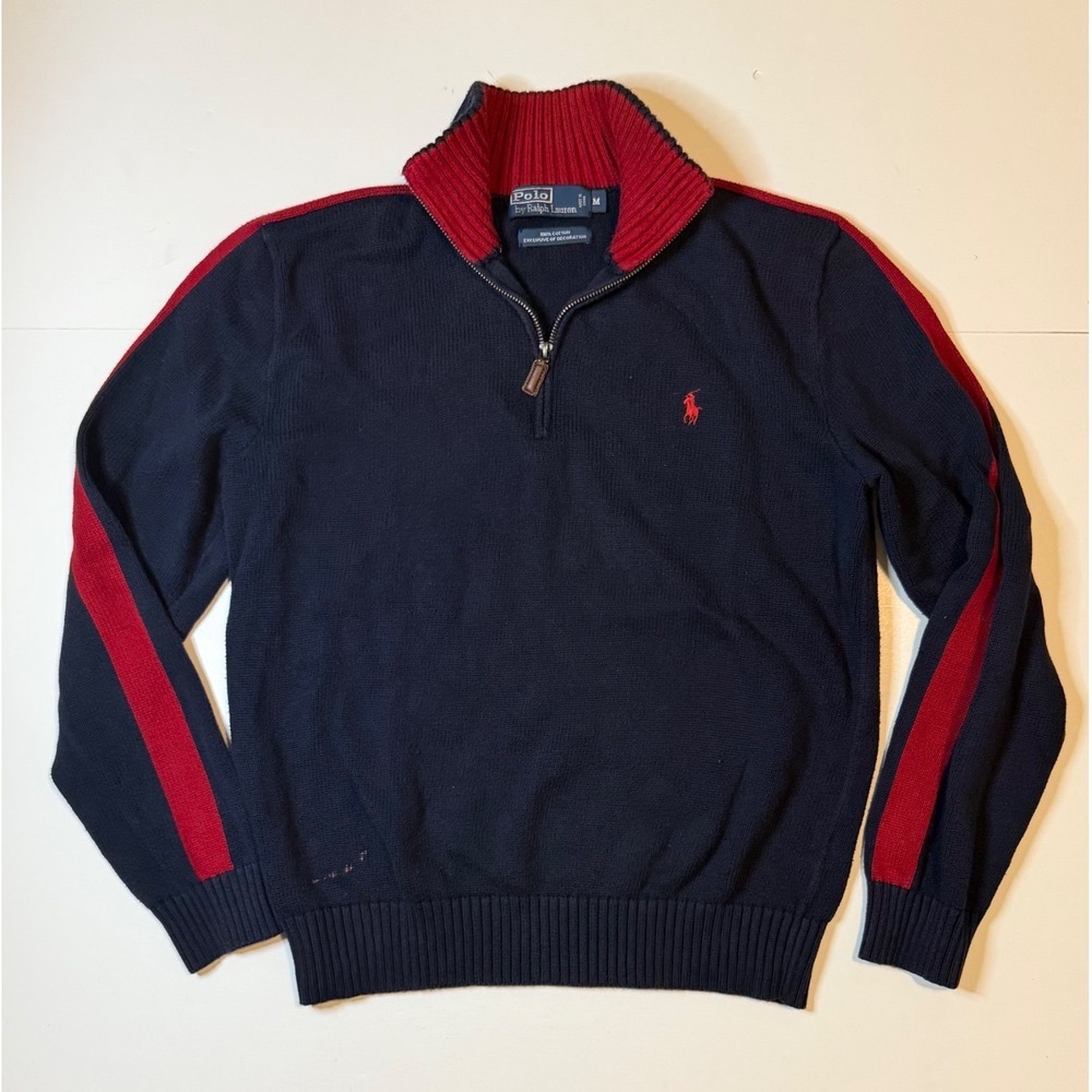 VTG 90s Polo Ralph Lauren Quarter Zip Knit Sweater Mens M Navy Y2K Red Stripe